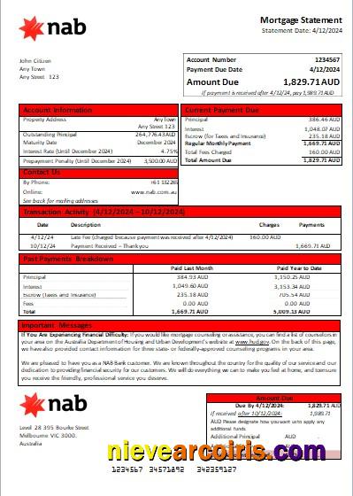 Australia NAB bank mortgage statement